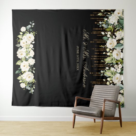 Tenture Photomaton de mariage noir à fleurs blanches uniqu (En situation (horizontale))