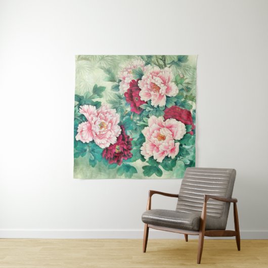 Tenture Pies roses rouges et Feuilles verts (En situation)