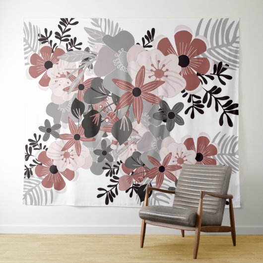 Tenture Piment Rouge Rose et Floral Boho Gris (En situation (horizontale))