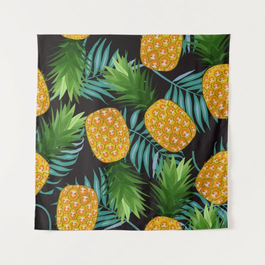 Tenture Pineapple seamless pattern with palm leaves on bla (Devant)