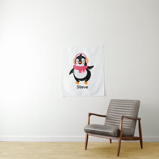 Tenture Pingouin de Noël Jolly en écharpe avec des bouffée (En situation)