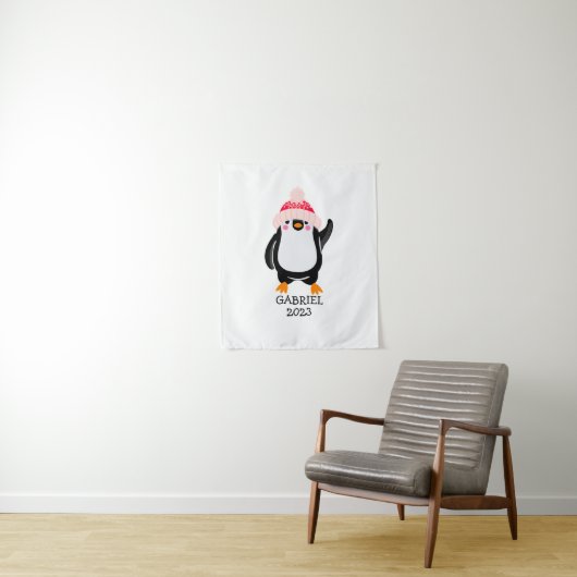 Tenture Pingouin de Noël mignon personnalisé en Casquette  (En situation)