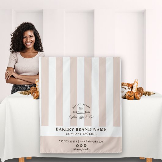 Tenture Pink French Stripes Bakery Logo Table Runner 