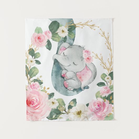 Tenture Pink Gold Floral Greenery Elephant Baby Nursery (Devant)
