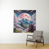 Tenture Pink Moon & Cherry Blossom Pagoda: Intricate Anime (En situation)