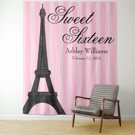 Tenture Pink Stripe Paris Theme Sweet 16 En fond (En situation)