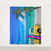 Tenture Plage Scène avec Van Jaune et Surfboard Rose (Devant)