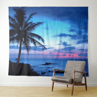 Tenture Plage tropicale océan rose bleu coucher de soleil