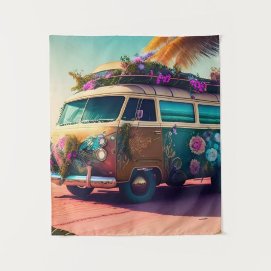 Tenture Plage, Van Hippie, Fleurs Trippy, Boho, Colorée (Devant)