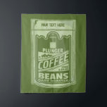 Tenture Plongeur café pop art emballage alimentaire illust<br><div class="desc">Illustration pop art qui a un sachet vert plein de café plongeur. Conception pour les amateurs de café. Fait partie de ma collection de nourriture pop art. Le paquet café est vert et a du texte personnalisable.</div>