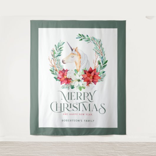 Tenture Poinsettia unicorne couronne et typographie de Noë (Devant)
