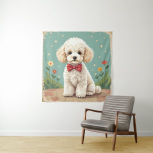 Tenture Poodle blanc adorable avec nœud papillon