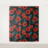 Tenture Poppies, rouge et bleu sur noir (Devant)