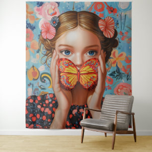 Tenture Portrait Butterfly Girl in a Floral Wonderland
