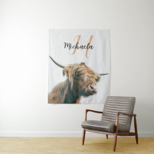 Tenture Portrait de vache Highland nom personnalisé monogr