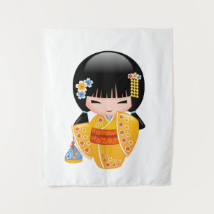 Tenture Poupée d'été Kokeshi - Kimono Jaune Geisha Girl