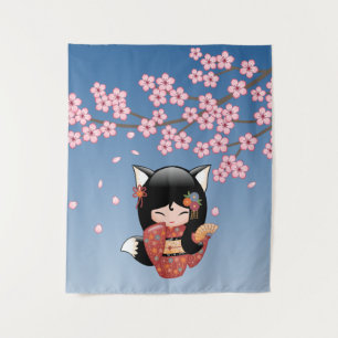 Tenture Poupée Kokeshi Kitsune - Fille Geisha Renard Noir