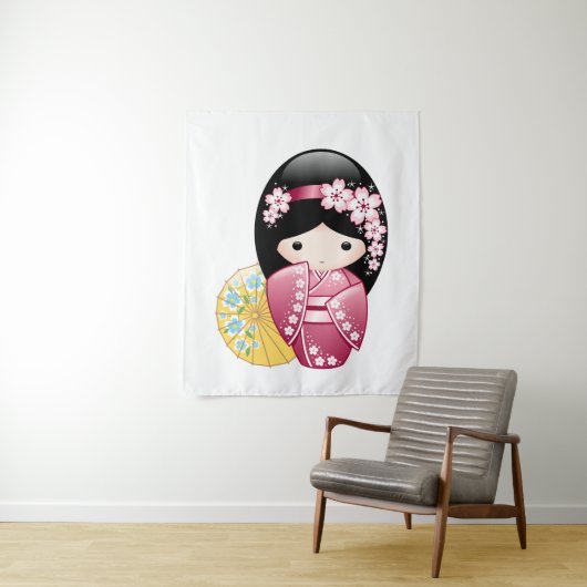 Tenture Poupée Kokeshi Printemps - Cute Japonaise Geisha G (En situation)