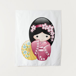 Tenture Poupée Kokeshi Printemps - Cute Japonaise Geisha G