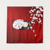 Tenture Poupée Kokeshi Rouge Noir Blanc Cerisier Fleurs (Devant (Horizontal))