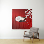 Tenture Poupée Kokeshi Rouge Noir Blanc Cerisier Fleurs (En situation (horizontale))