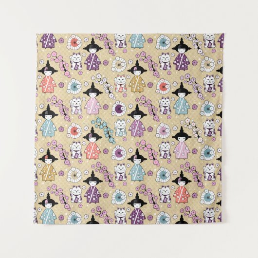 Tenture Poupées japonaises - Chats Kokeshi et Maneki Neko (Devant)