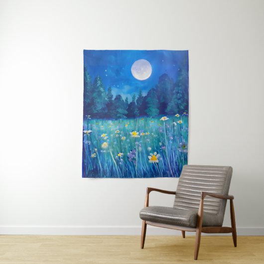 Tenture Pré et forêt sous une Pleine lune (En situation)