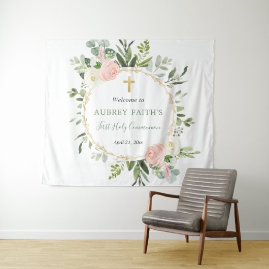 Tenture Première communion baptême en or rose (En situation (horizontale))