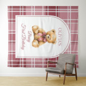 Tenture Preppy Teddy Bear Pink Bow Birthday Photo Backdrop (En situation (horizontale))