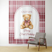 Tenture Preppy Teddy Bear Pink Bow Birthday Photo Backdrop (En situation)