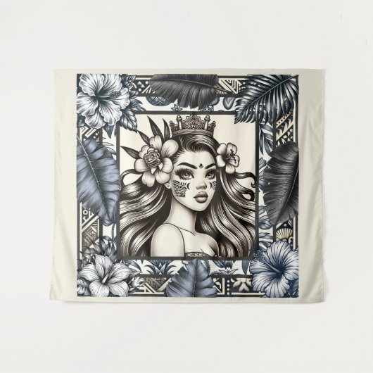 Tenture Princesse polynésienne Bleu Floral Tribal (Devant (Horizontal))