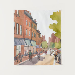 Tenture Promenade à vélo à Boston   North End aquarelle MA