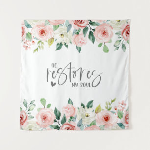 Tenture Psaume 23:3 Il rétablit mon âme Bible Verse & Rose