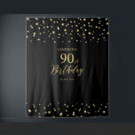Tenture Quatre-vingt-dix Gold & Black 90th Birthday Party<br><div class="desc">Cette tapisserie moderne est parfaite pour une fête d'anniversaire chic en noir et or. Vos invités apprécieront de prendre une photo avec cette toile de fond sophistiquée de fête et de se souvenir de votre journée spéciale. Le design comprend une typographie dorée " 90ème anniversaire " et un arrière -...</div>