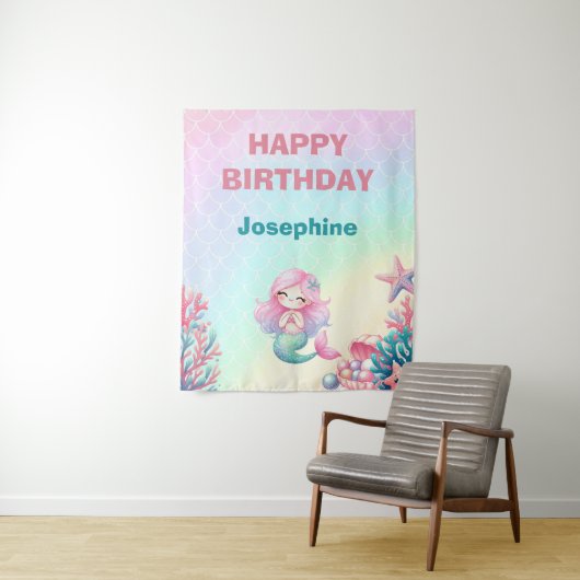 Tenture Queue de Sirène Bleu Vert Rose Fille Anniversaire (En situation)