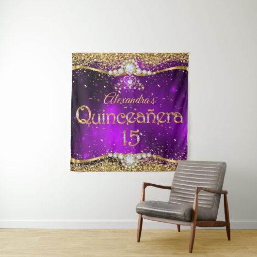 Tenture Quinceanera 15e Anniversaire Confetti Violet Or (En situation)