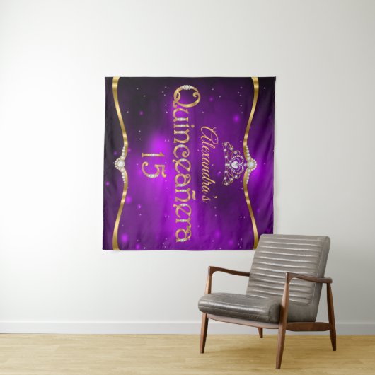 Tenture Quinceanera 15e Anniversaire Paillettes Violet Or (En situation (horizontale))