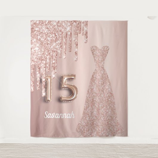 Tenture Quinceanera 15e anniversaire rose or parties scint (Devant)
