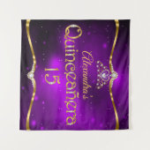 Tenture Quinceanera 15e Anniversaire Violet Pailleté Or (Devant (Horizontal))