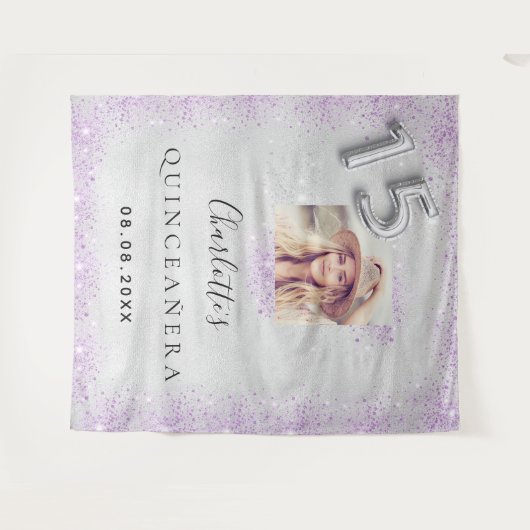 Tenture Quinceanera argent violet parties scintillant phot (Devant (Horizontal))