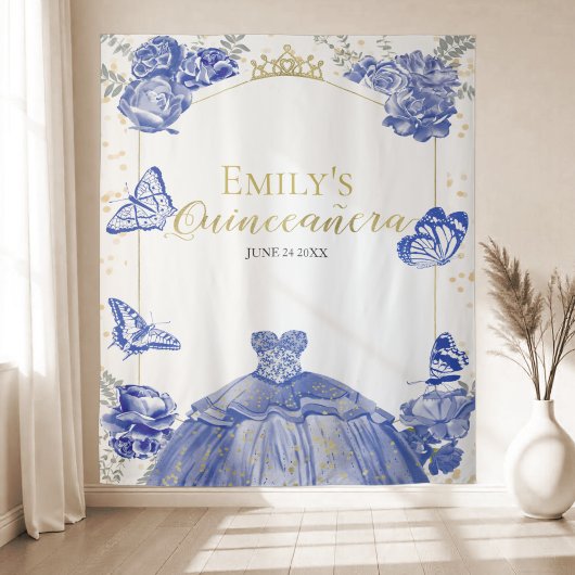 Tenture Quinceanera Arrière-plan Robe Bleue Royale Florale