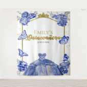 Tenture Quinceanera Arrière-plan Robe Bleue Royale Florale (Devant)