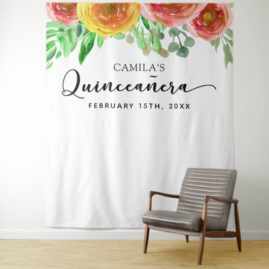 Tenture Quinceañera Backdrop - Floral Elegant Photo Booth (En situation)