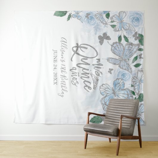 Tenture Quinceanera Bébé Bleu Papillons Fond Floral (En situation (horizontale))