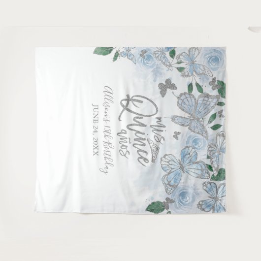 Tenture Quinceanera Bébé Bleu Papillons Fond Floral (Devant (Horizontal))