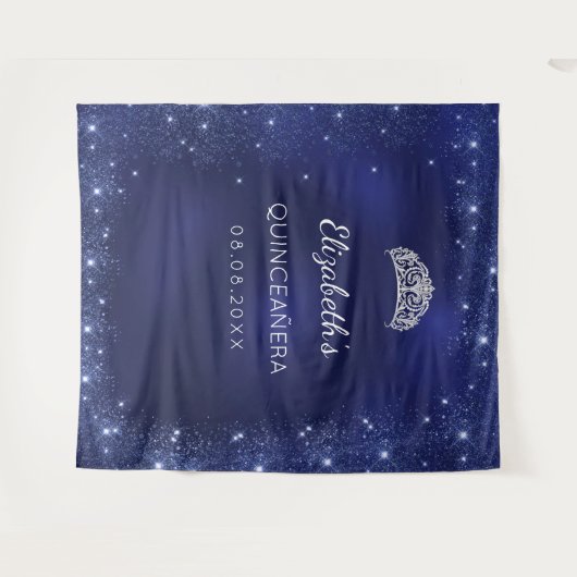 Tenture Quinceanera bleu parties scintillant poussière nom (Devant (Horizontal))