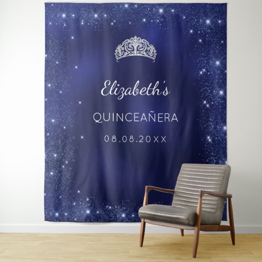 Tenture Quinceanera bleu parties scintillant poussière nom (En situation)
