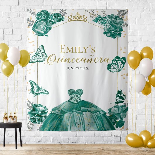 Tenture Quinceanera Fond Émeraude Vert Robe Florale