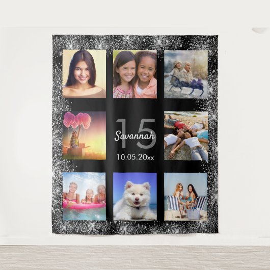 Tenture Quinceanera noir argent parties scintillant photo (Devant)