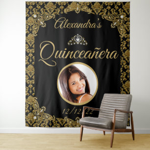 Tenture Quinceanera Photo Black Gold Damask Tiara Annivers